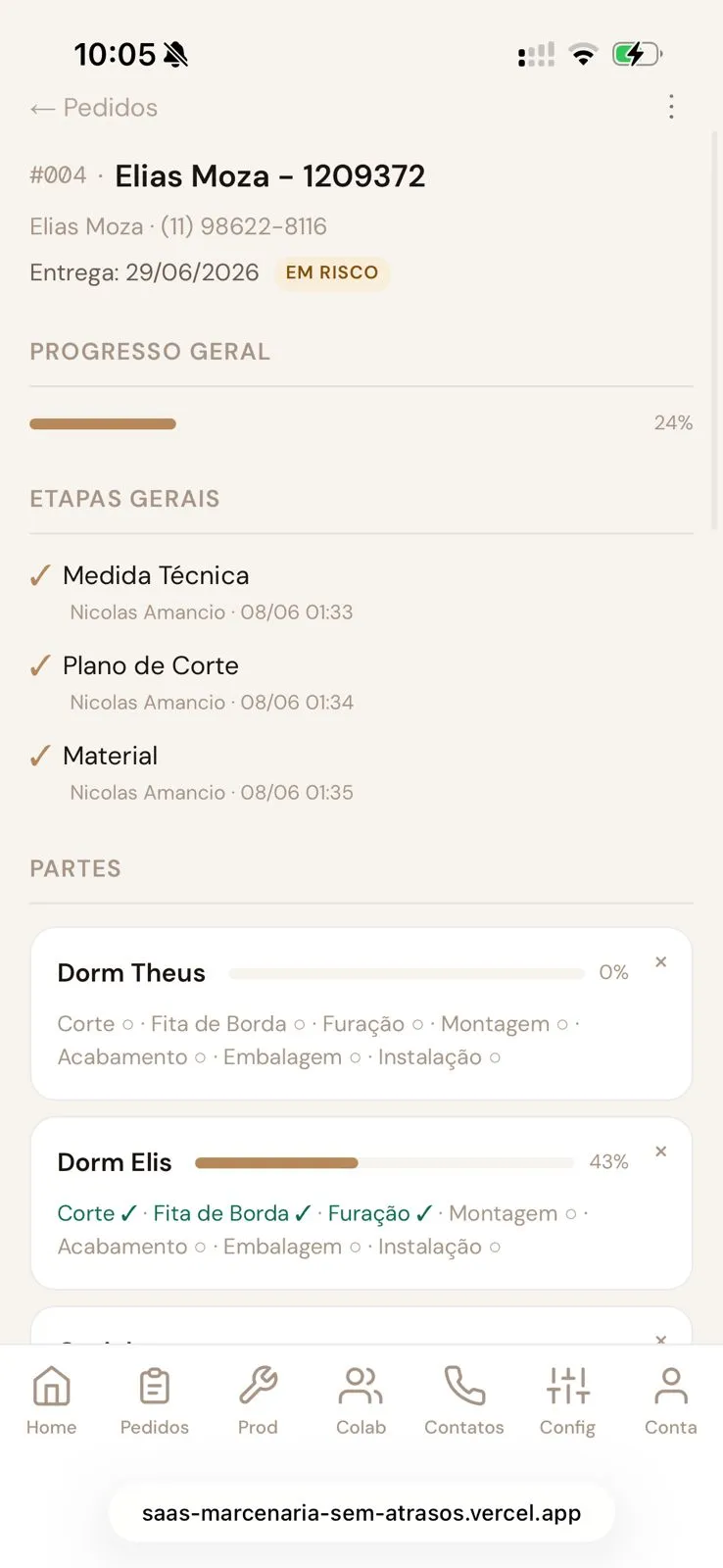 Tela do MSA mostrando o histórico completo de um pedido com etapas, responsáveis e horários registrados